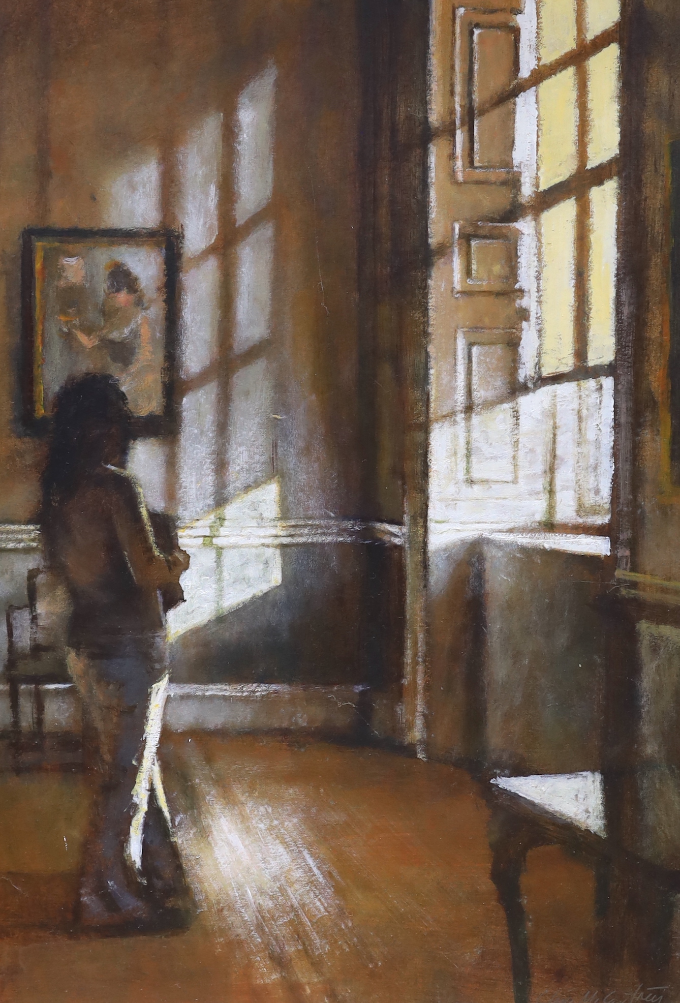 Clive McCartney (Scottish, b. 1960), three oils on board including Reading figure and The Coach and Horses, Soho, each signed and inscribed verso, largest 41 x 29cm